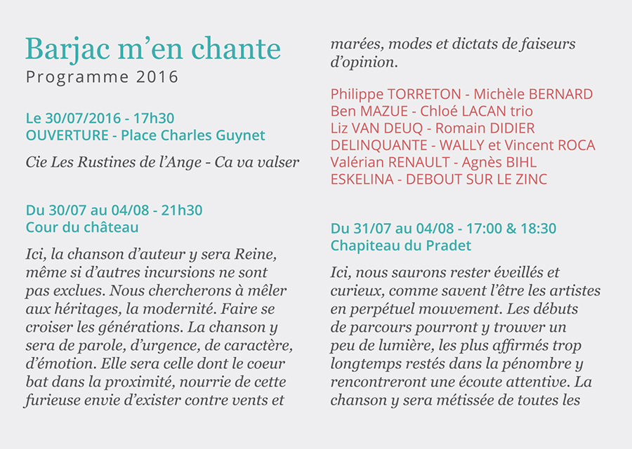 Programme - Barjac m'en chante - Festival Chansons de caractère (Gard) du 30 juillet au 4 août 2016